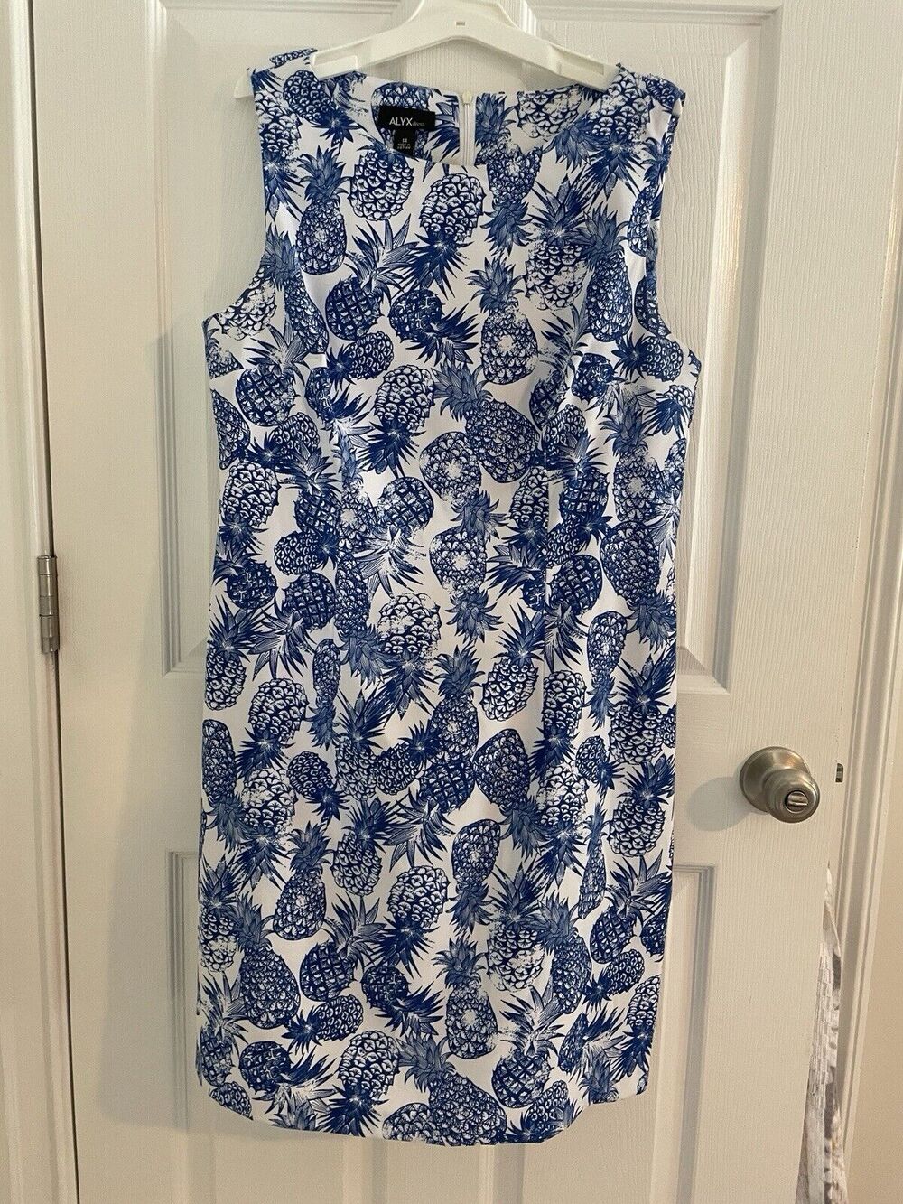 Alyx Shift Dress Womens Size 14 Blue and White Sleeveless Shift Dress Pineapple